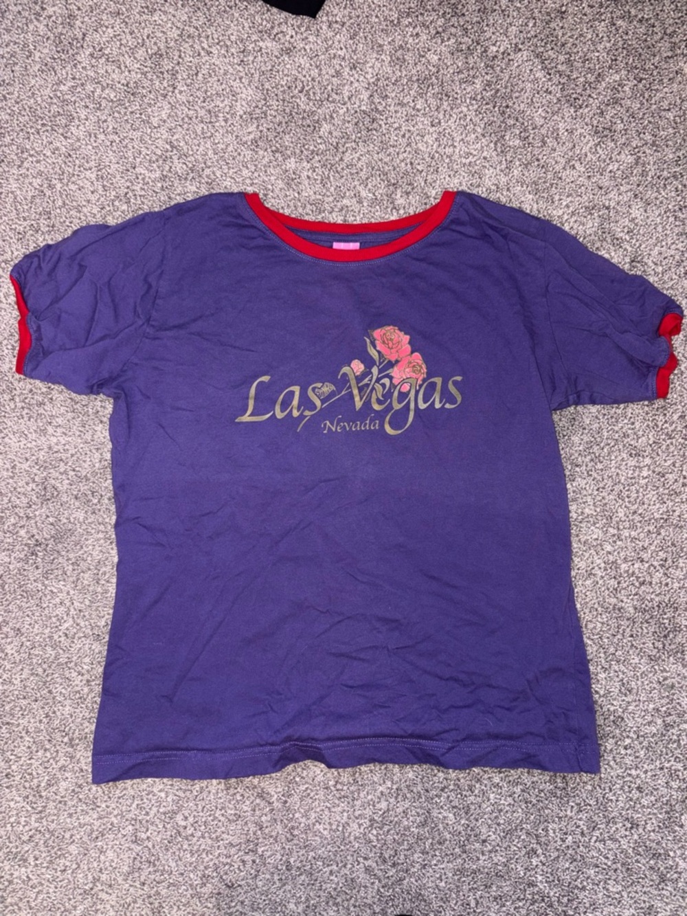 Vintage Y2K Purple Las Vegas Graphic Tee with Red Trim
